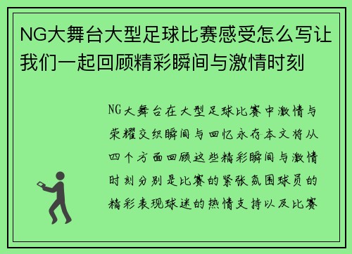 NG大舞台大型足球比赛感受怎么写让我们一起回顾精彩瞬间与激情时刻